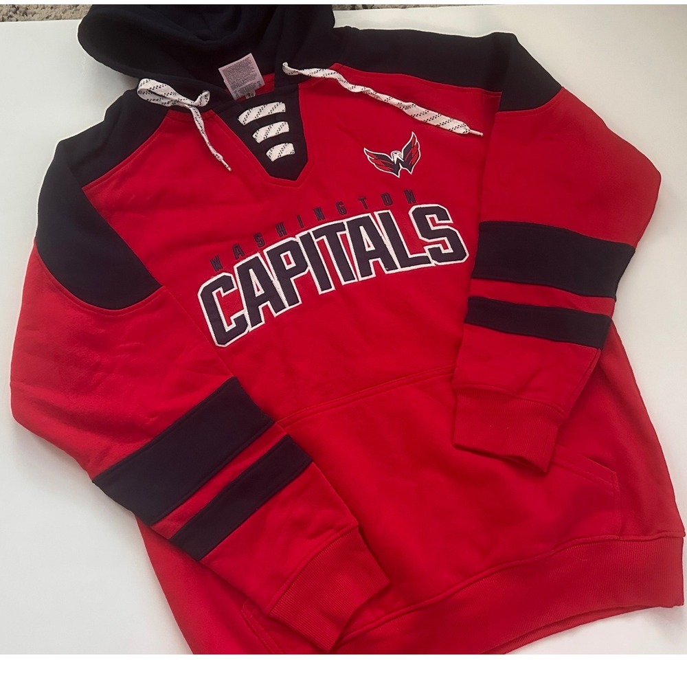 NHL Washington Capitals Lace Up Hoodie Sweatshirt‎ Red Navy Blue Mens Medium
